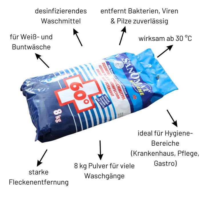 Sanomat Hygiene Voll- & Desinfektionswaschmittel im 8 kg Kunststoffsack, desinfizierendes Waschmittel für Weiß- und Buntwäsche