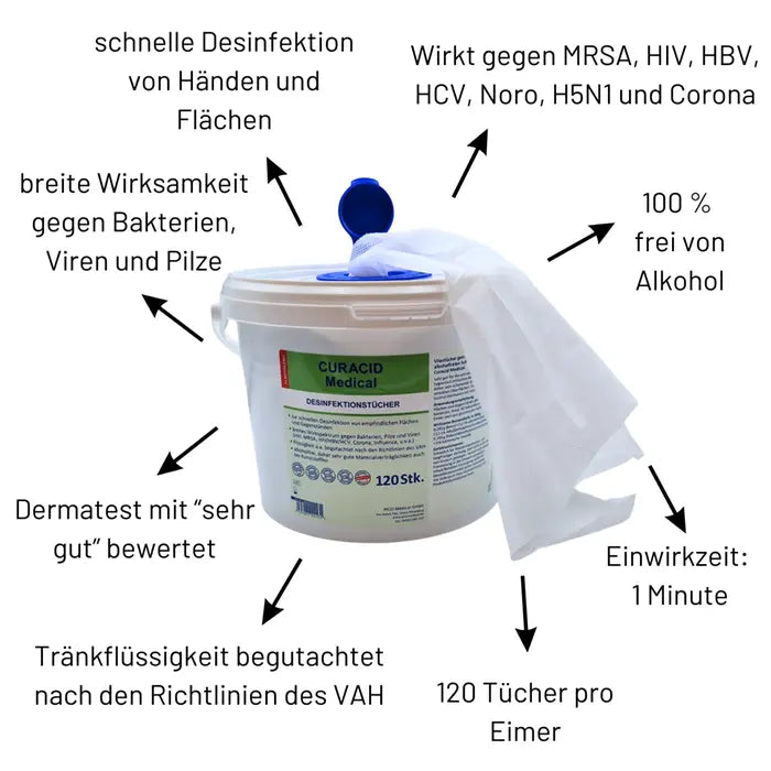 Curacid Medical Desinfektionstücher im Eimer, 120 Tücher, 1 Minute Einwirkzeit, alkoholfrei