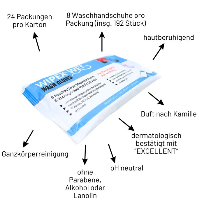 WIPEX Wet Wash Gloves, vorgetränkte Einmal-Waschhandschuhe für die hygienische Körperpflege