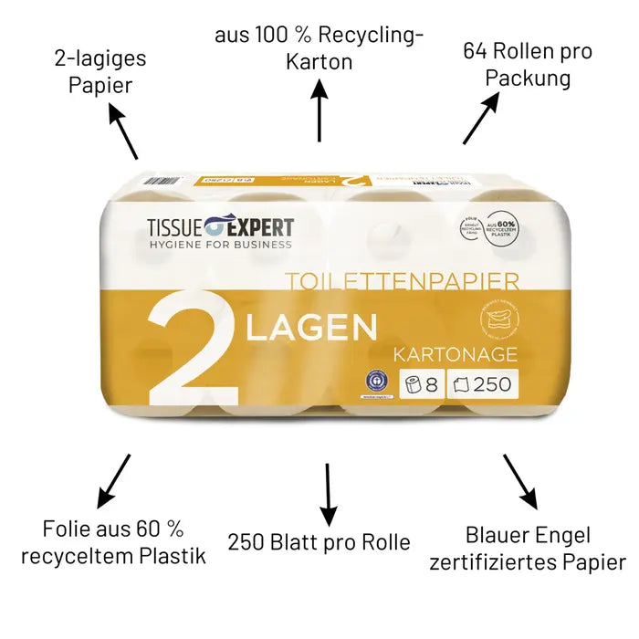 Tissue Expert Toilettenpapier Kartonage 2-lagig, 64 Rollen à 250 Blatt