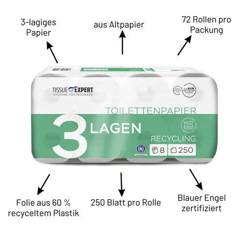 Tissue Expert Toilettenpapier Recycling 3-lagig, 72 Rollen à 250 Blatt