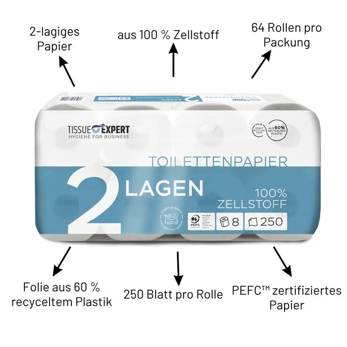 Tissue Expert Toilettenpapier 2-lagig, 64 Rollen à 250 Blatt