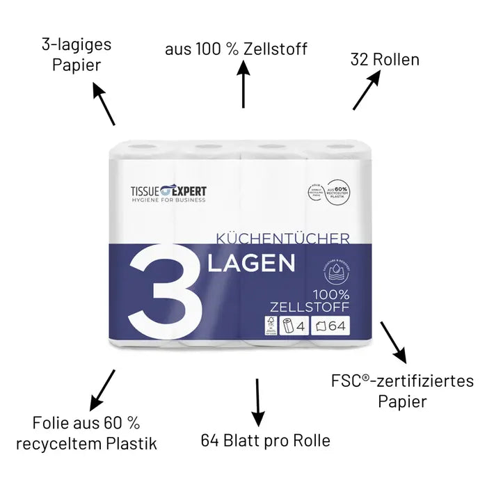 Tissue Expert Küchentücher 3-lagig, 32 Rollen à 64 Blatt