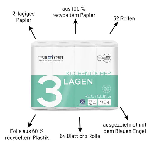 Tissue Expert Küchentücher Recycling 3-lagig, 32 Rollen à 64 Blatt