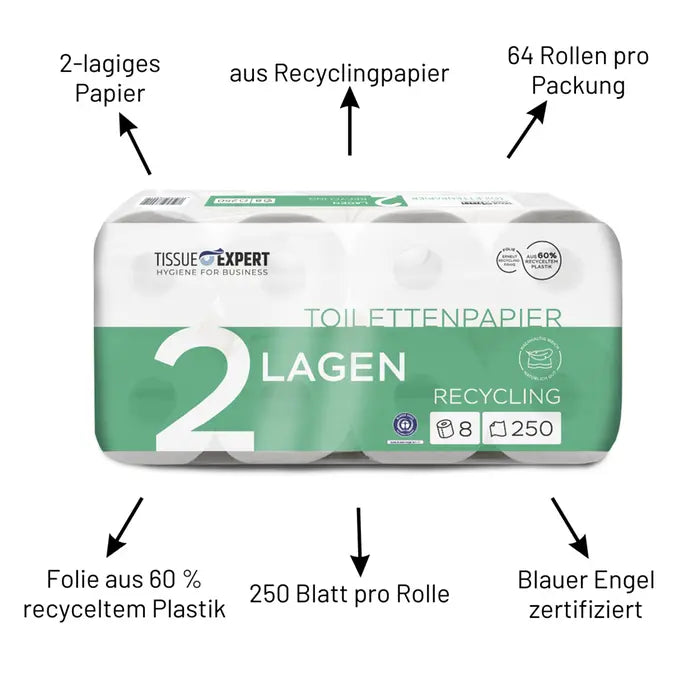 Tissue Expert Toilettenpapier Recycling 2-lagig, 64 Rollen à 250 Blatt, 2-lagig