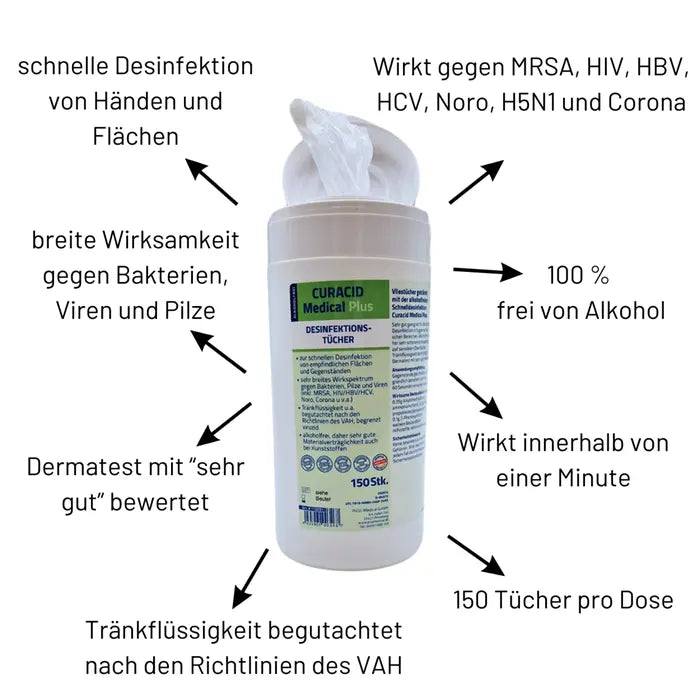 Curacid Medical Plus Desinfektionstücher in der Dose, 150 Tücher, 1 Minute Einwirkzeit, alkoholfrei