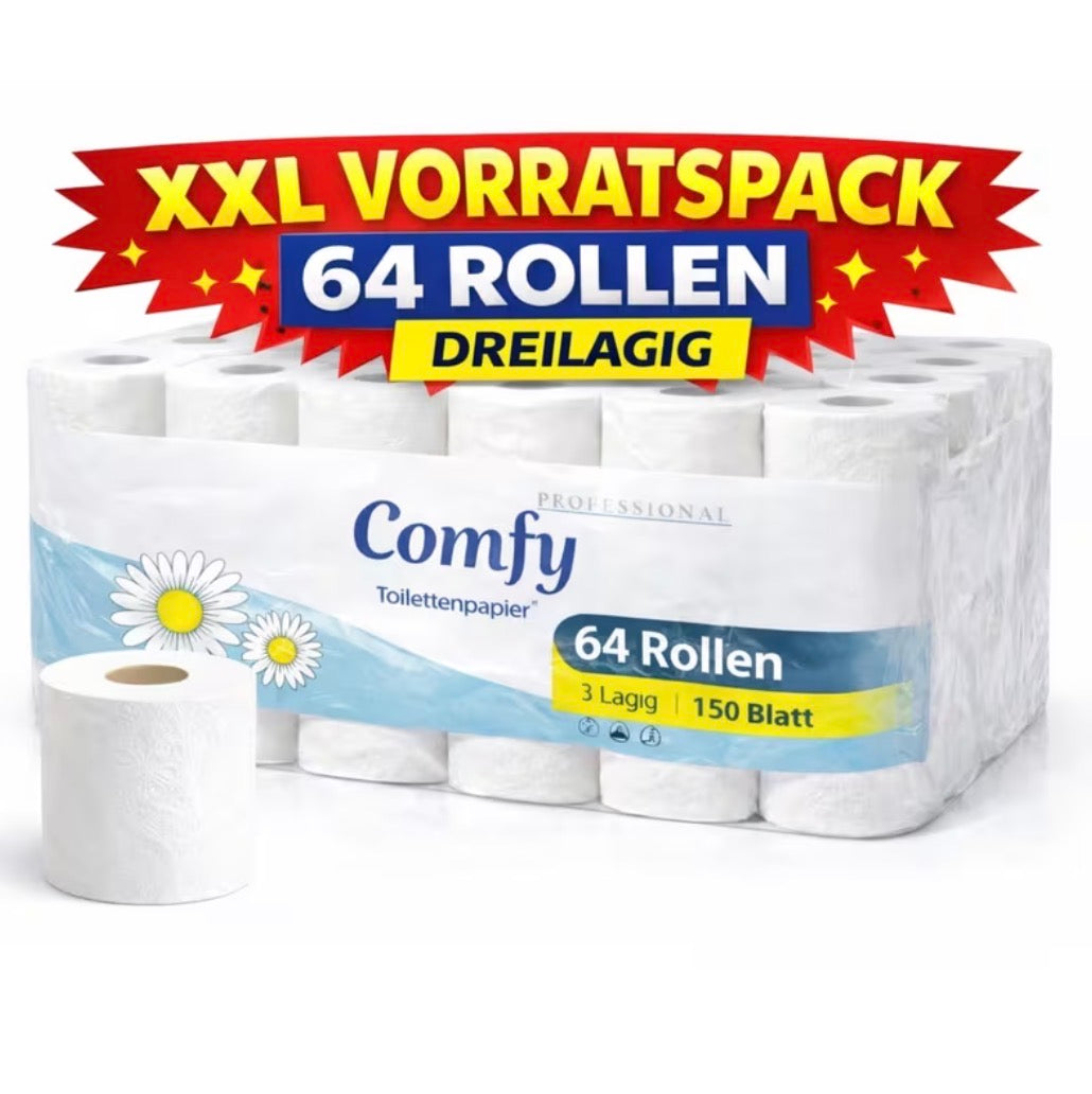 Comfy XXL Vorratspack – 64 Rollen Toilettenpapier, 3-lagig